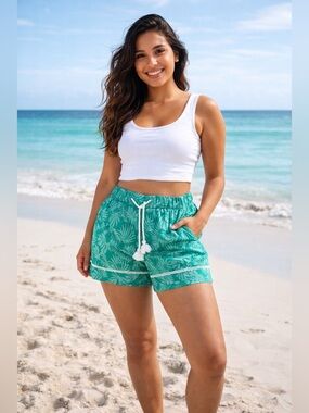 100% Linen C&C California Green Tropical Print Pull-On Shorts